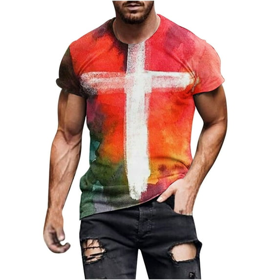 Mens T Shirts Plus Size Pack Men's Street Trendy Casual Cross Print Crew Neck Short Sleeve Shirts for Men Fashion Summer Tops Clearance on Sales(Yellow,5XL)