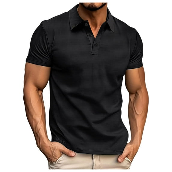 Mens T Shirts Polo Short Sleeve Lapel Solid Color Lapel Holiday Tops Performance Polo Shirts,Black,L