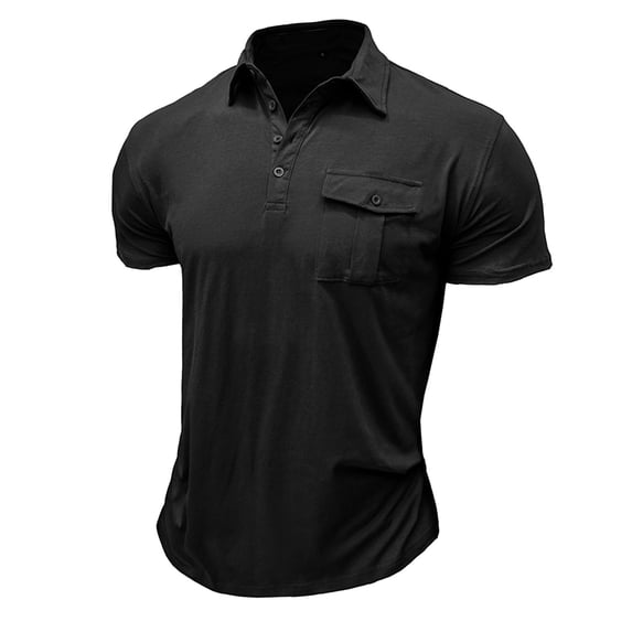 Mens T Shirts Polo Spring Short Sleeve Button Pocket Breast Solid Color Sports Performance Polo Shirts,Black,M