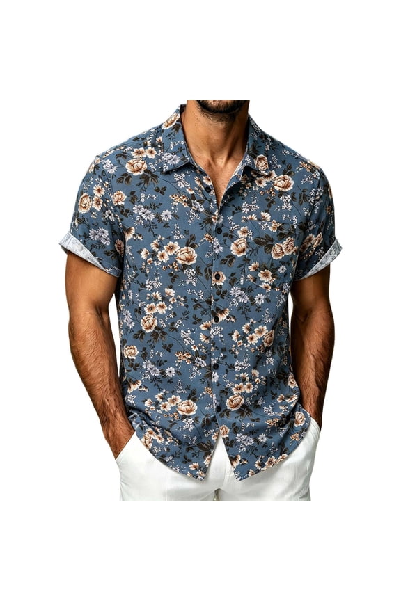 Mens T Shirts Print Button Front Classic Styling Couple Shirts,Blue,L