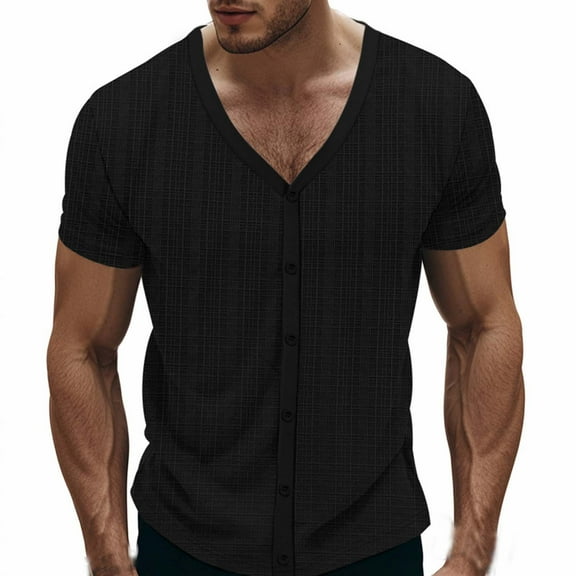 Mens T-Shirts Qiggri Man Fashion Leisure Ventilation Solid Color Button V-neck Short Sleeve Top Mens Compression Shirt