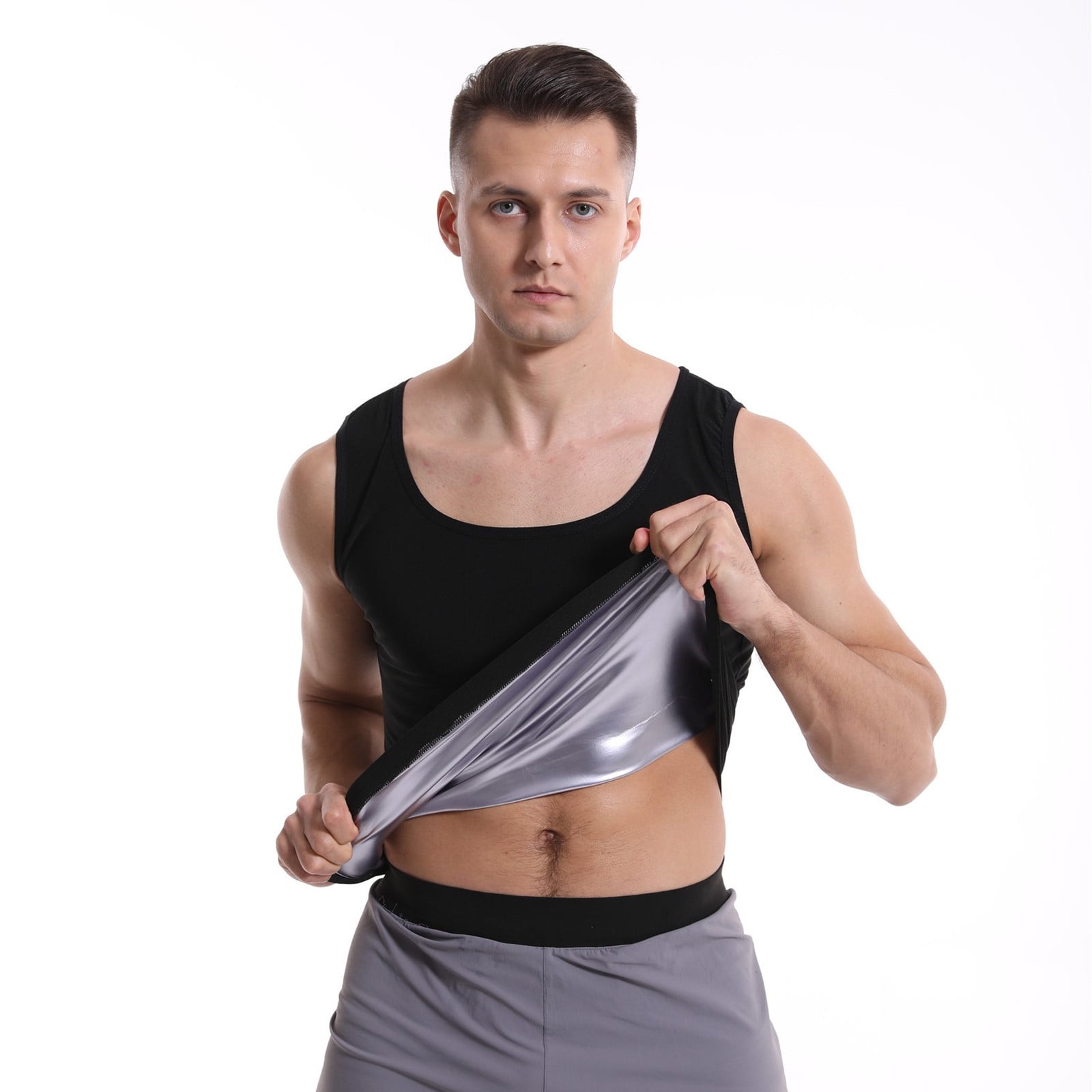 Zweettanktop For Heren Afslankvest Fitness T-shirt Sauna-effect Sport Body Shaper Zweet T-shirt Met Korte Mouwen Elastisch Afslankend Sporttanktopvest Saunapak(Men,XL