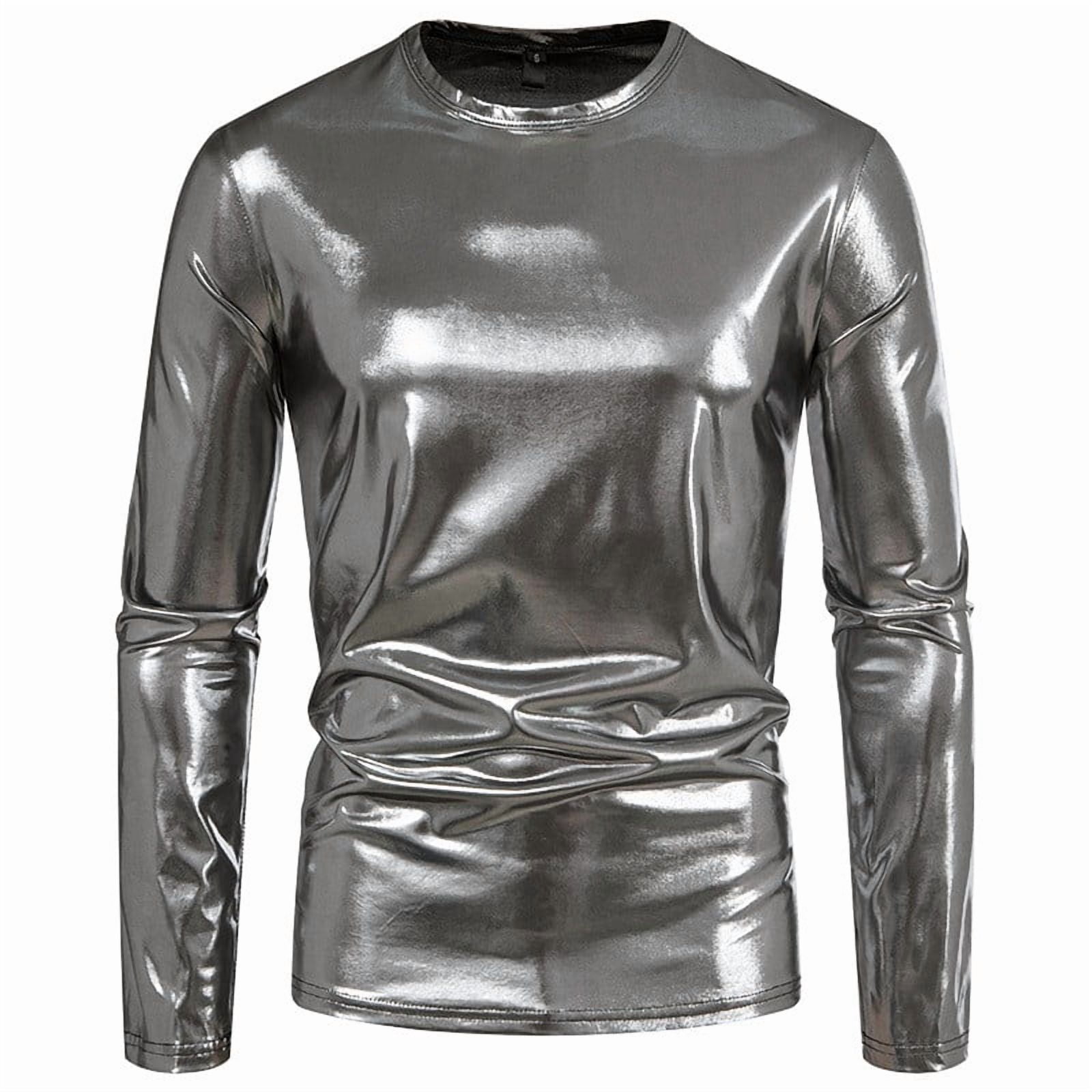 Mens T Shirts Shiny Metallic Glossy Solid Color Fashion Long Sleeve ...