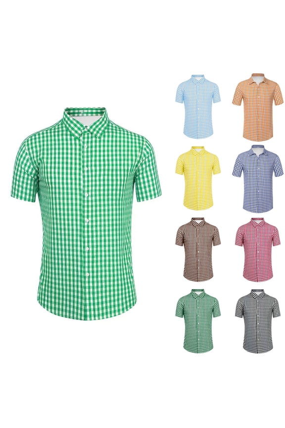 Mens T Shirts Short Sleeve Linen Blend Plaid Print Button Down Mens Performance Polos,Black,L