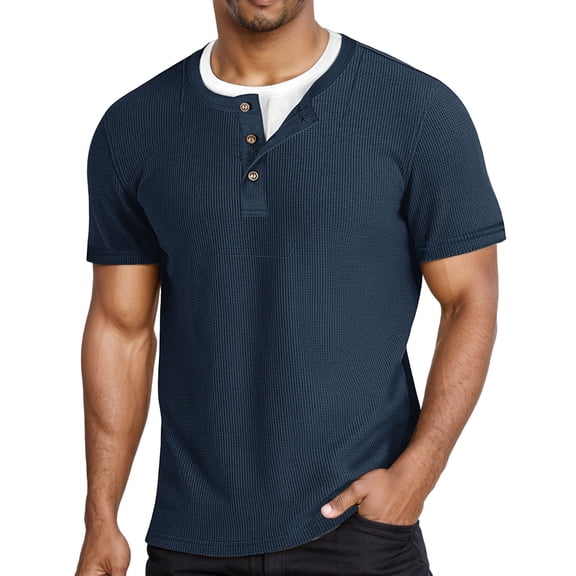 Mens T Shirts Short Sleeve Textured Crew Neck Layered Mens Workout Shirts,Dark Blue,L