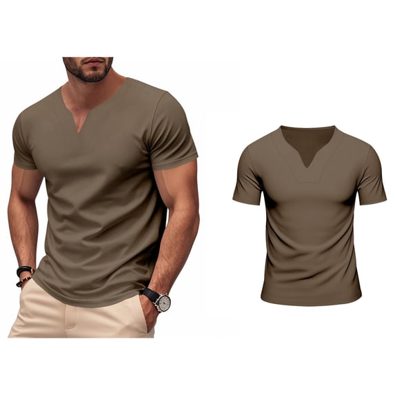 Mens T-Shirts Short Sleeve V neck Loose Fit Brown Shirts Men's Shirts Casual