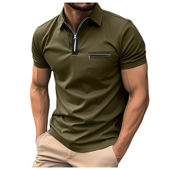 Mens T Shirts Polo Shirts Short Sleeve Zipper Pocket Solid Holiday Tops Mens Clothing,Green,2XL