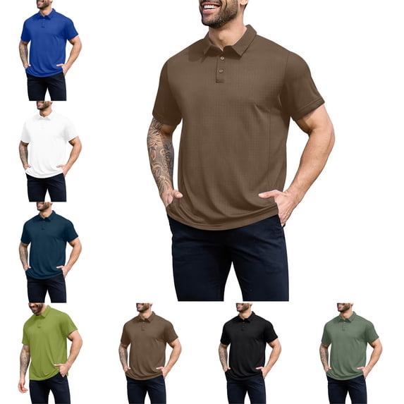 Mens T Shirts Short Sleeved Tactical Short Sleeved Sport Lapel Summer Shirt Solid Color Button Lapel Tops Men's Clothing Slim Fit Casual Turndown Collar Tee Top Fashion Lightweight Walking Streetwear