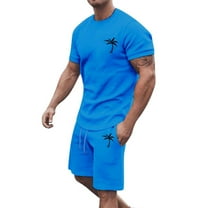 Mens T Shirts & Shorts Set 2 Pieces Tracksuit Summer Outfits Suit Activewear Sweatsuits Casual Short Light Blue M