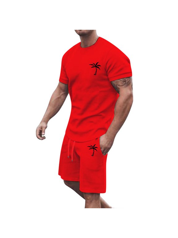Mens T Shirts & Shorts Set 2 Pieces Tracksuit Summer Outfits Suit Activewear Sweatsuits Casual Short Red M