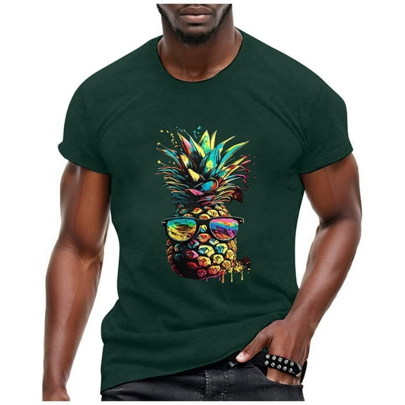 Mens T-Shirts Soft Summer Pineapple Print Round Neckline Short Sleeve Slim Fit Casual Breathable T Shirt