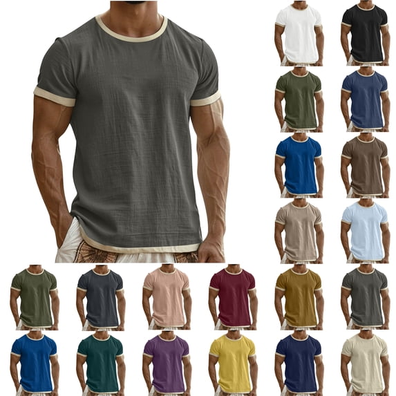 Mens T Shirts Solid Color Mens Shirts Short Sleeve Round Neck Button Casual Shirts Sports Shirts for Men Plus Size, Gray-M