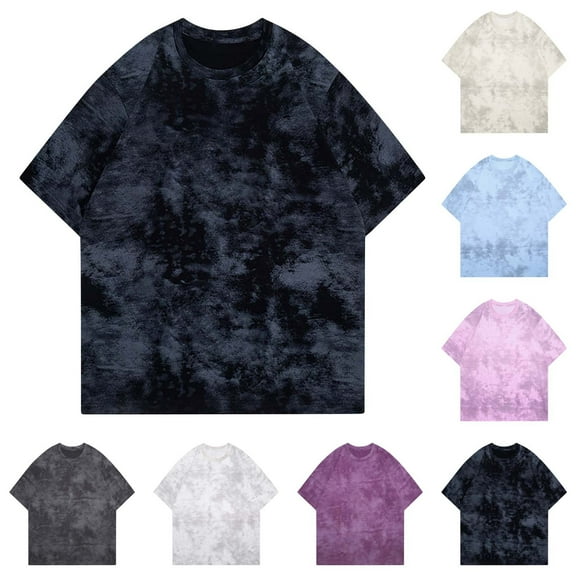 Mens T-Shirts Solid Color Tie Tintage Casual Short Sleeved Concise Round Neck Shirts Beach Vacation Shirts for Men