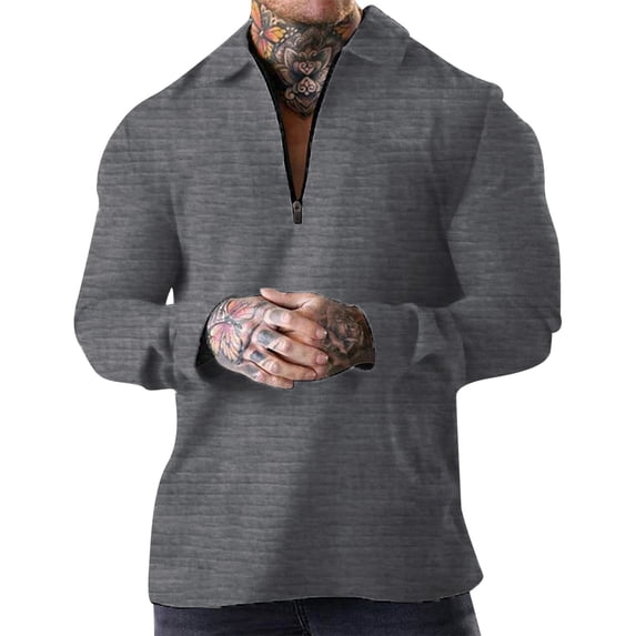 Mens T Shirts Solid Color Zipper Lapel Long Sleeved Mens Knit Tops,Grey,L