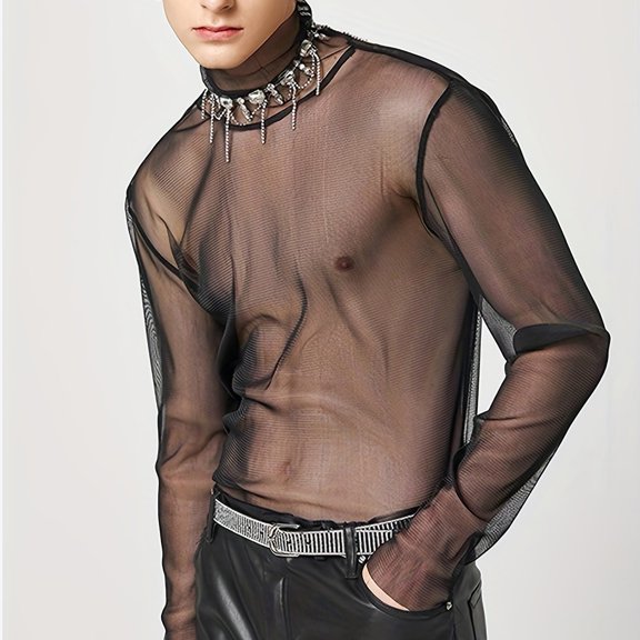Mens T Shirts Solid Turtleneck Long Sleeve Streetwear Mesh Transparent Sexy Tops