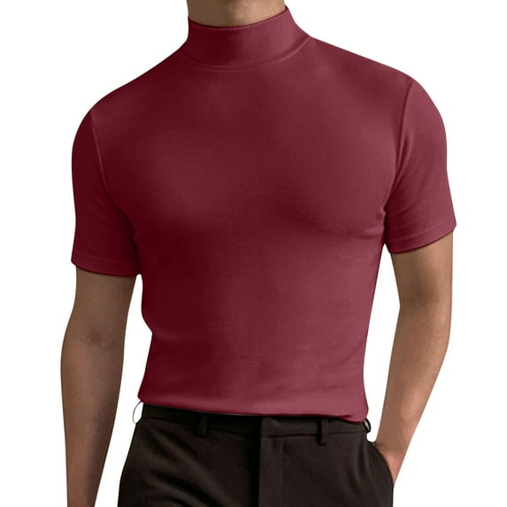 Mens T-Shirts Spring And Summer Solid Color Turtleneck Round Neck Short Sleeve Tops Pullover T Shirts Daily-Wear,Red,L