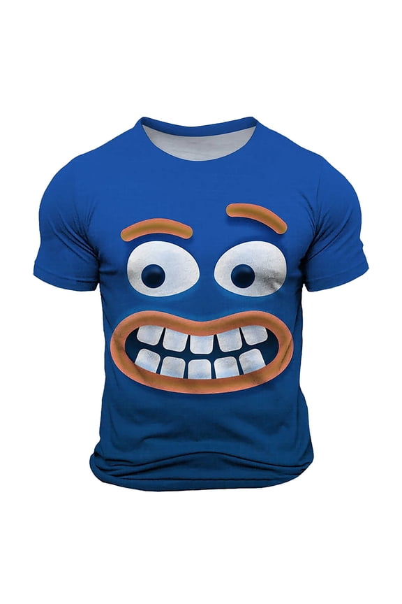 Mens T Shirts Spring Summer Casual Emoticon Printed Crew Neck Short Sleeved Funny Graphic Tees Blue L
