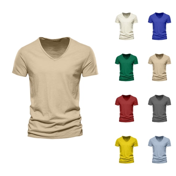 Mens T-Shirts Spring Summer Casual Solid V Neck Short Sleeve Loose Fit Basic Tops Office Shirts
