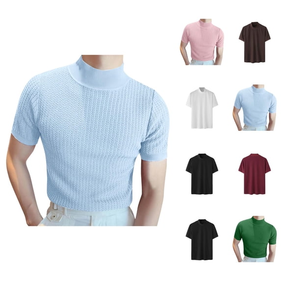 Mens T-Shirts Spring Summer Solid Ribbed Knit Neck Short Sleeve Mens Undershirts Basic Tops