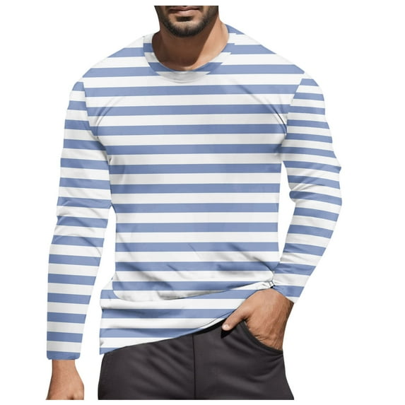Mens T Shirts Striped Color Blocked Casual Trend Crew Neck Long Sleeve Tees Stretchy Fall Warm Basic Men's Shirts Light Blue XL