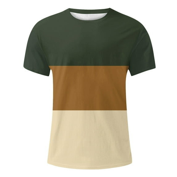 Mens T-Shirts Summer Color Block Print Round Neck Short Sleeve Pocket Fashion Casual Tops Pullover Sportwear,Brown,M,Tee Shirts