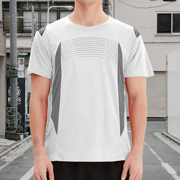Mens T-Shirts Summer Color Block Quick Drying Round Neck Short Sleeve Fitness Training Breathable Sports Fashion Tops Pullover Outwear,White,S,Tshirts