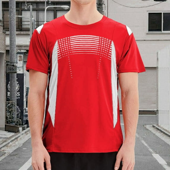 Mens T-Shirts Summer Color Block Quick Drying Round Neck Short Sleeve Fitness Training Breathable Sports Fashion Tops Pullover Sportwear,Red,M,Tee Shirts