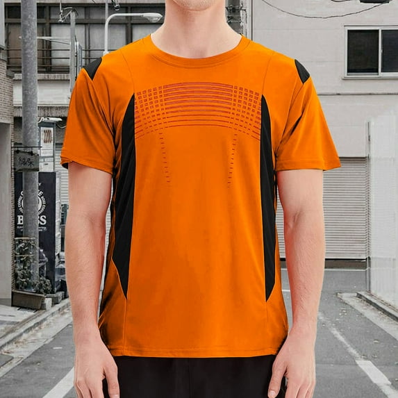 Mens T-Shirts Summer Color Block Quick Drying Round Neck Short Sleeve Fitness Training Breathable Sports Fashion Tops Pullover Streetwear,Orange,L,Tee Shirts