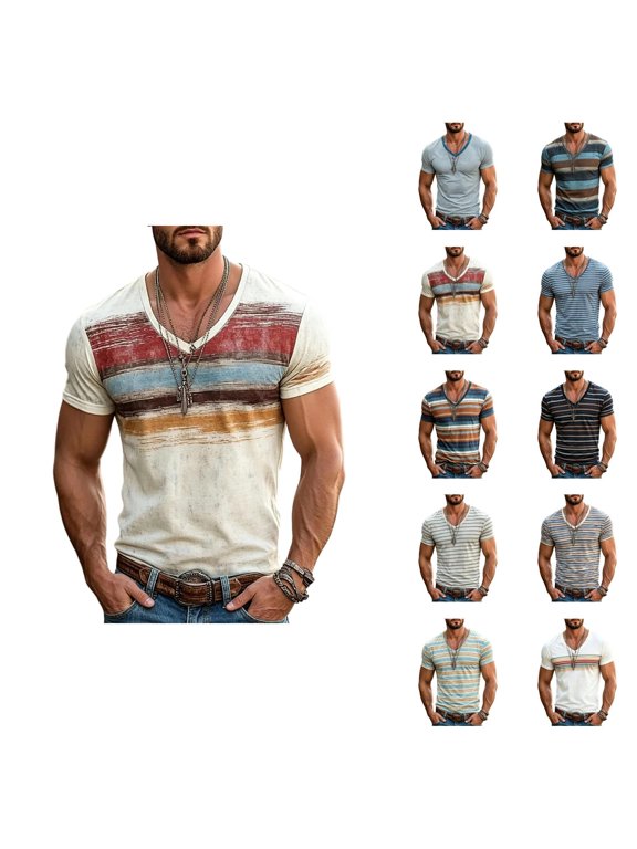 Mens T-Shirts Summer Lightweight Breathable Short Sleeve V Neck Loose Fit Casual Striped Shirt Streetwear