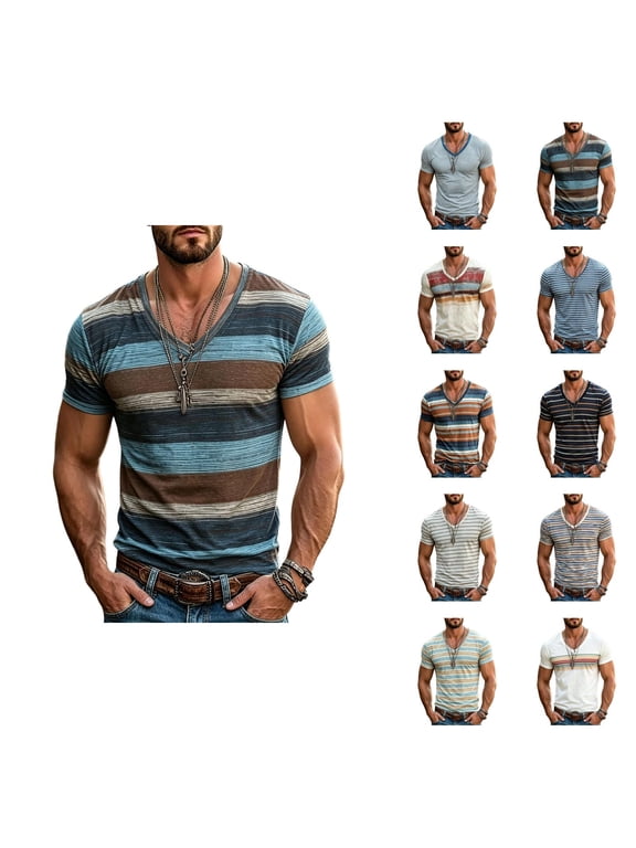 Mens T-Shirts Summer Lightweight Breathable Short Sleeve V Neck Loose Fit Casual Striped Shirt Streetwear