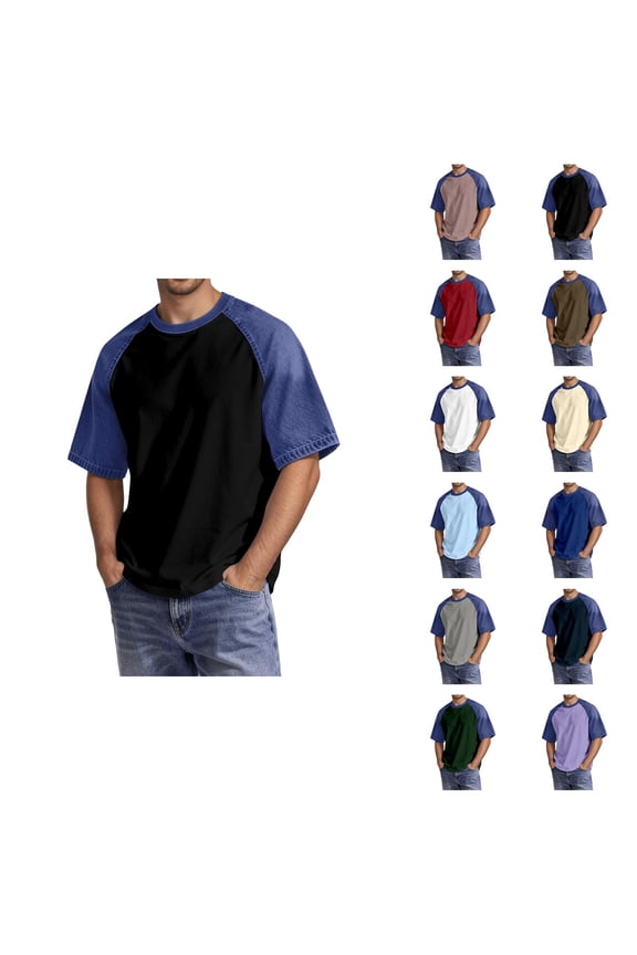 Mens T-Shirts Summer Loose Fit Crew Neck Elbow Sleeve Color Block Tops Casual Tops