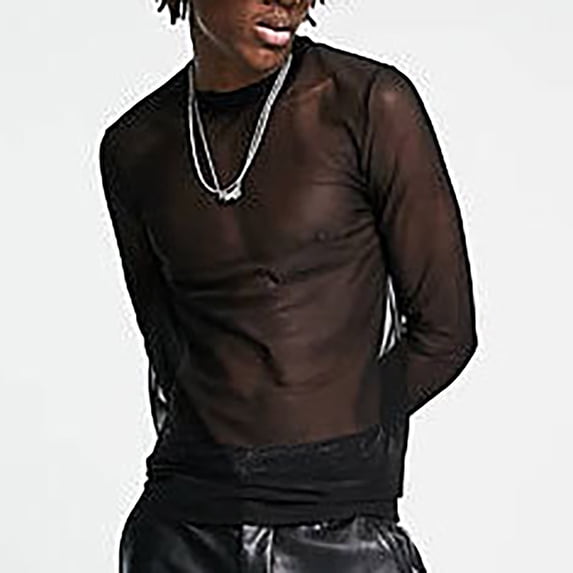 Mens T-Shirts Summer Mesh Solid Color See Through Sexy Crew Neck Long Sleeve Nightclub Fitness Breathable Tops Pullover Sportwear,Black,XXXL,Tee Shirts