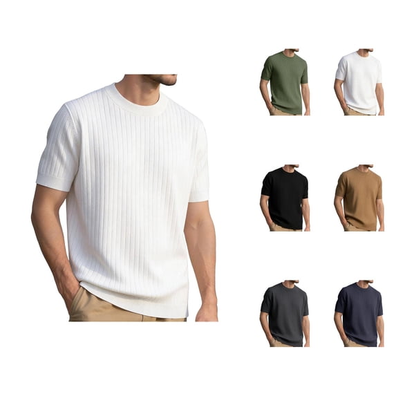 Mens T-Shirts Summer Plain Casual Crew Neck Short Sleeve Ribbed Knit Basic Tops Office Shirts