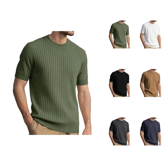 Mens T-Shirts Summer Plain Casual Crew Neck Short Sleeve Ribbed Knit Basic Tops Office Shirts