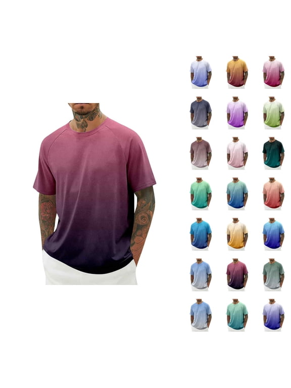 Mens T-Shirts Summer Raglan Short Sleeve Crewneck Lightweight Breathable Gradient Color Casual T Shirt