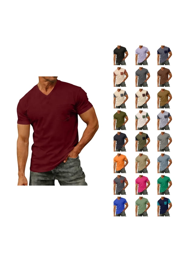 Mens T-Shirts Summer Solid Casual V Neck Short Sleeve Basic Tops with Pocket Office Shirts
