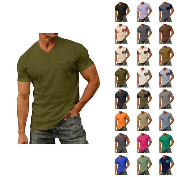Mens T-Shirts Summer Solid Casual V Neck Short Sleeve Basic Tops with Pocket Office Shirts