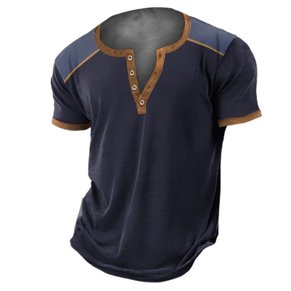 Mens T-Shirts Summer Solid Color V Neck Button Short Sleeve Slim Tops Pullover Tee Shirts Streetwear,Blue,XXXXXL