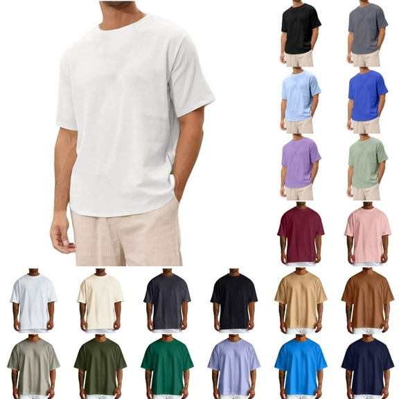 Mens T Shirts Summer Solid Linen T Shirt for Men Short Sleeve Crew Neck Basic Top Lightweight Breathable Casual Tee Mens Tshirt Beige L