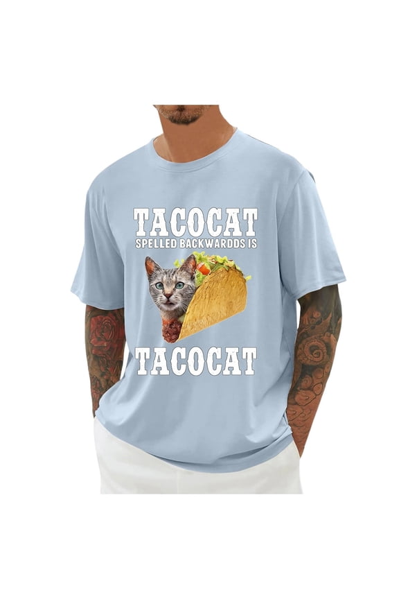 Mens T Shirts Taco Cat Printed Casual Short Sleeve Graphic Tees Soft Loose Lightweight Fit Comfortable Crew Neck Men's Shirts Light Blue XL