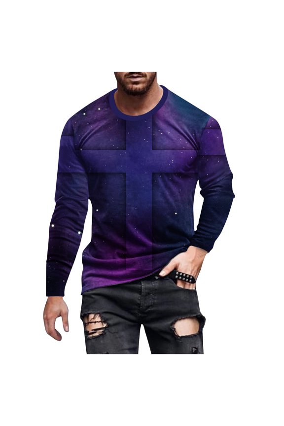 Mens T Shirts for Men Cross Printed Long Sleeve Round Neck Overd Pullover Tops Fall Casual Loose Cotton Tees Fashion Going Out Tops Comforty Breathable Sport Outdoor Clothes S-5XL