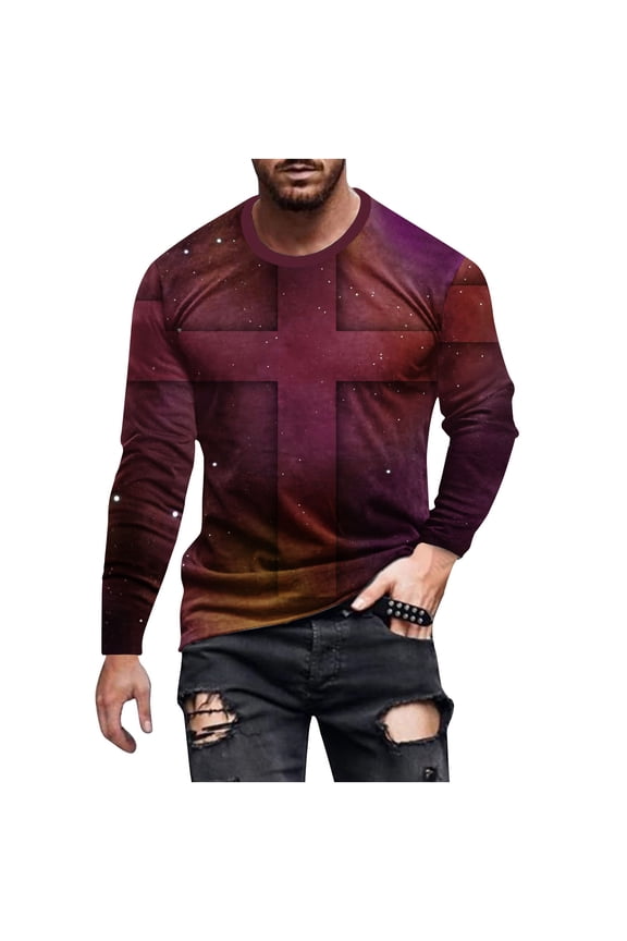 Mens T Shirts for Men Cross Printed Long Sleeve Round Neck Overd Pullover Tops Fall Casual Loose Cotton Tees Fashion Going Out Tops Comforty Breathable Sport Outdoor Clothes S-5XL
