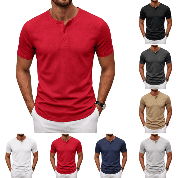Mens T-Shirts Trendy Casual Short Sleeve Henley T-Shirt Summer Lightweight Classic Basic Work Workout Pure Color T Shirt Red 3XL