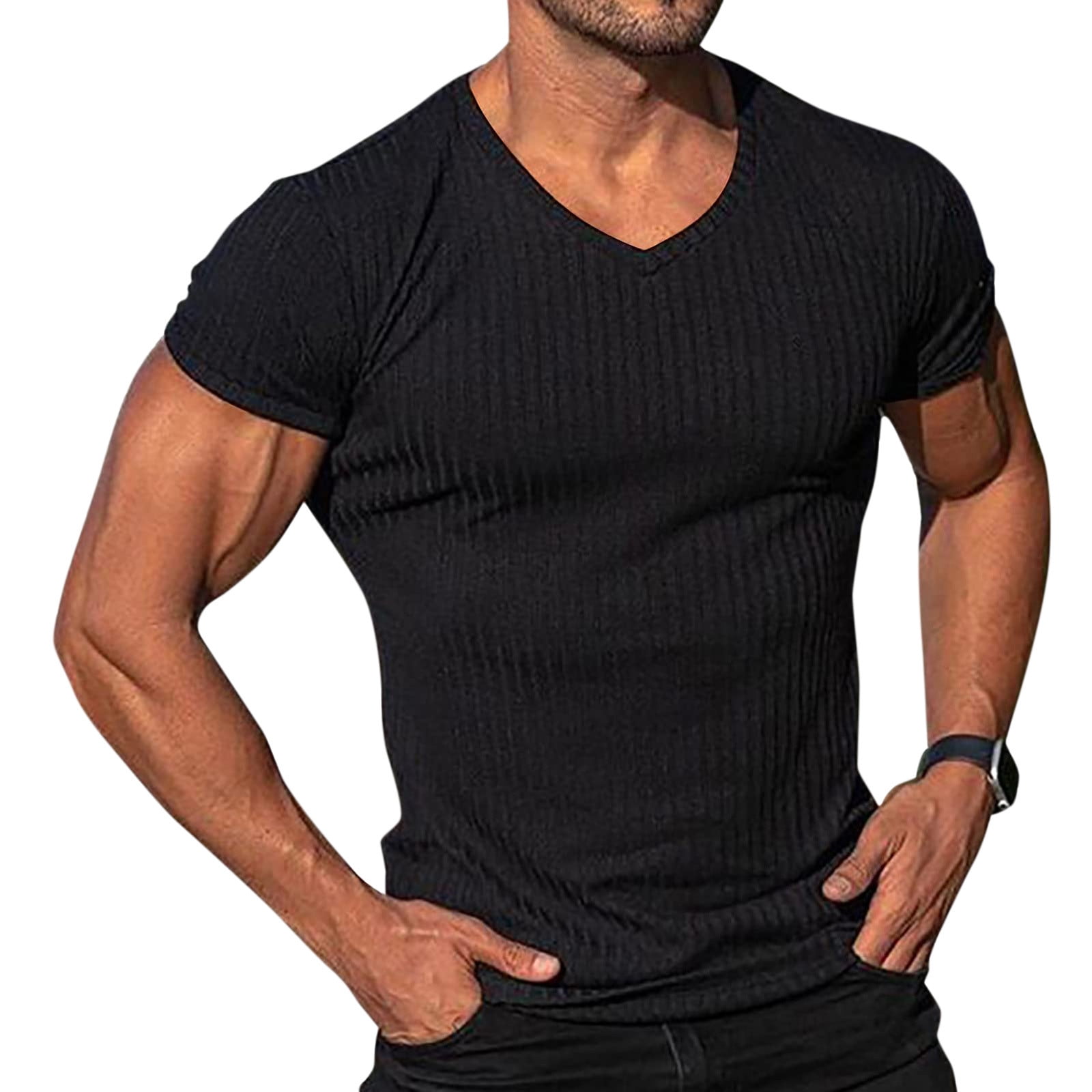 Mens T Shirts Workout Muscle V Neck Solid Color Tee TShirts