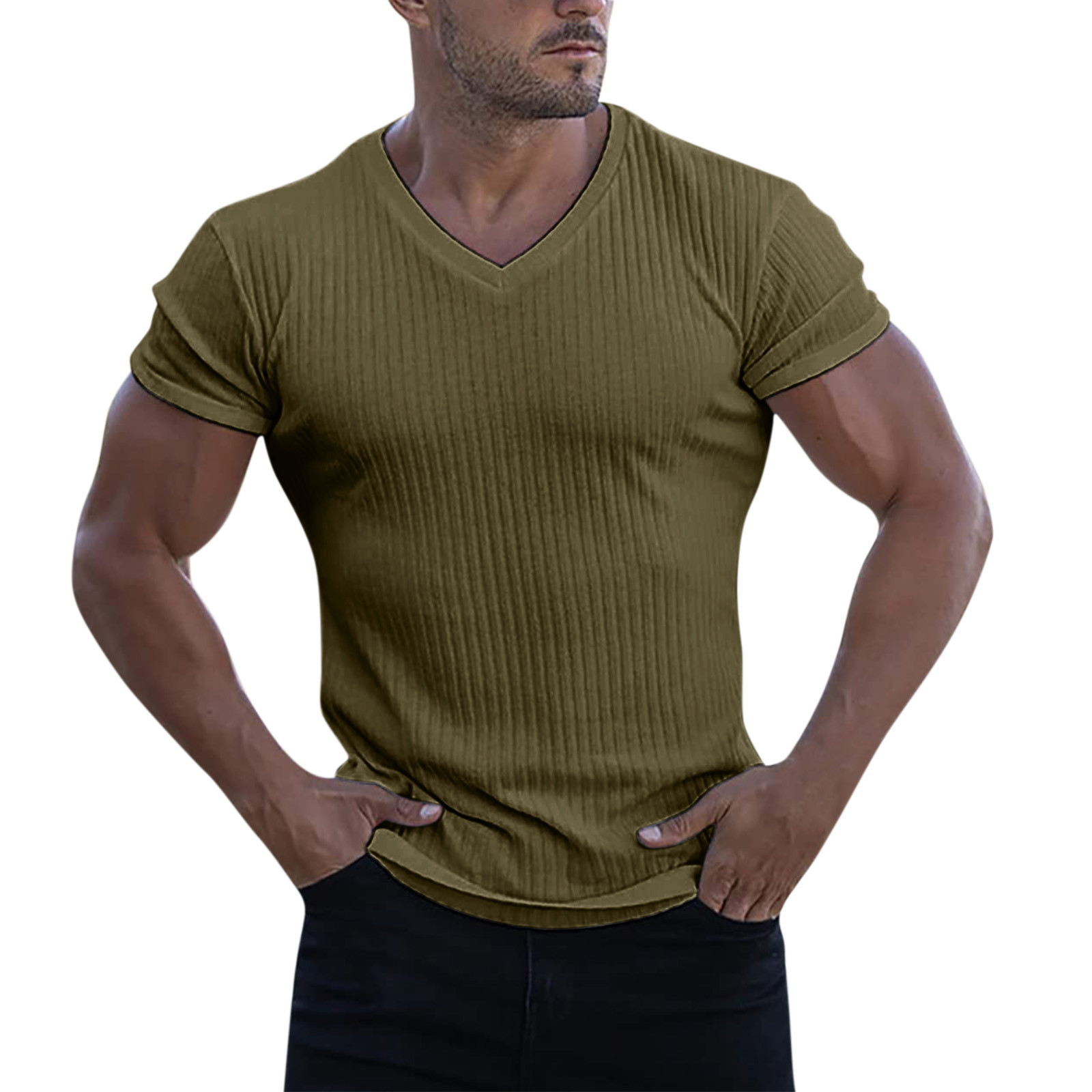 Mens T Shirts Workout Muscle V Neck Solid Color Tee TShirts