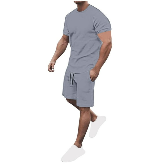 Mens T Shirts and Shorts Set 2 Pieces Summer Tracksuit Crew Neck Tee Shirt & Casual Short Gray L