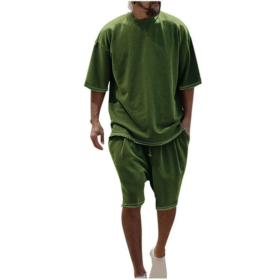 Mens T Shirts and Shorts Set 2 Pieces Summer Tracksuit Crew Neck Tee Shirt & Casual Short M-3XL Army Green XXXL