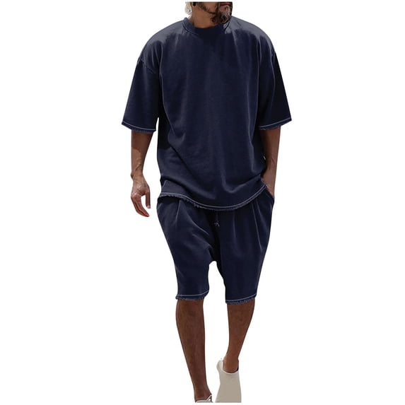 Mens T Shirts and Shorts Set 2 Pieces Summer Tracksuit Crew Neck Tee Shirt & Casual Short M-3XL Navy M