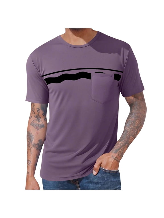 Mens T-Shirts with Pocket, Henley Printed Shirts for Mens, Mens Summer Shorts Sleeve Tops,Purple Mens and Big Men's L