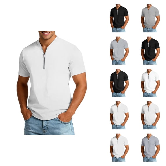 Mens T-Shirts with Zip Summer Plain V Neck Short Sleeve Dress Shirts Casual Tops